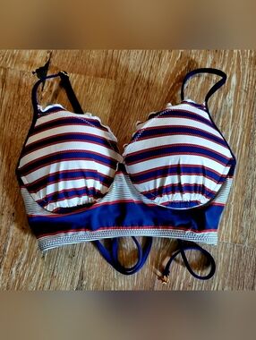 Sperry Red, White & Blue Striped Bikini Top W. Lettuce Hem & Lace Up Back